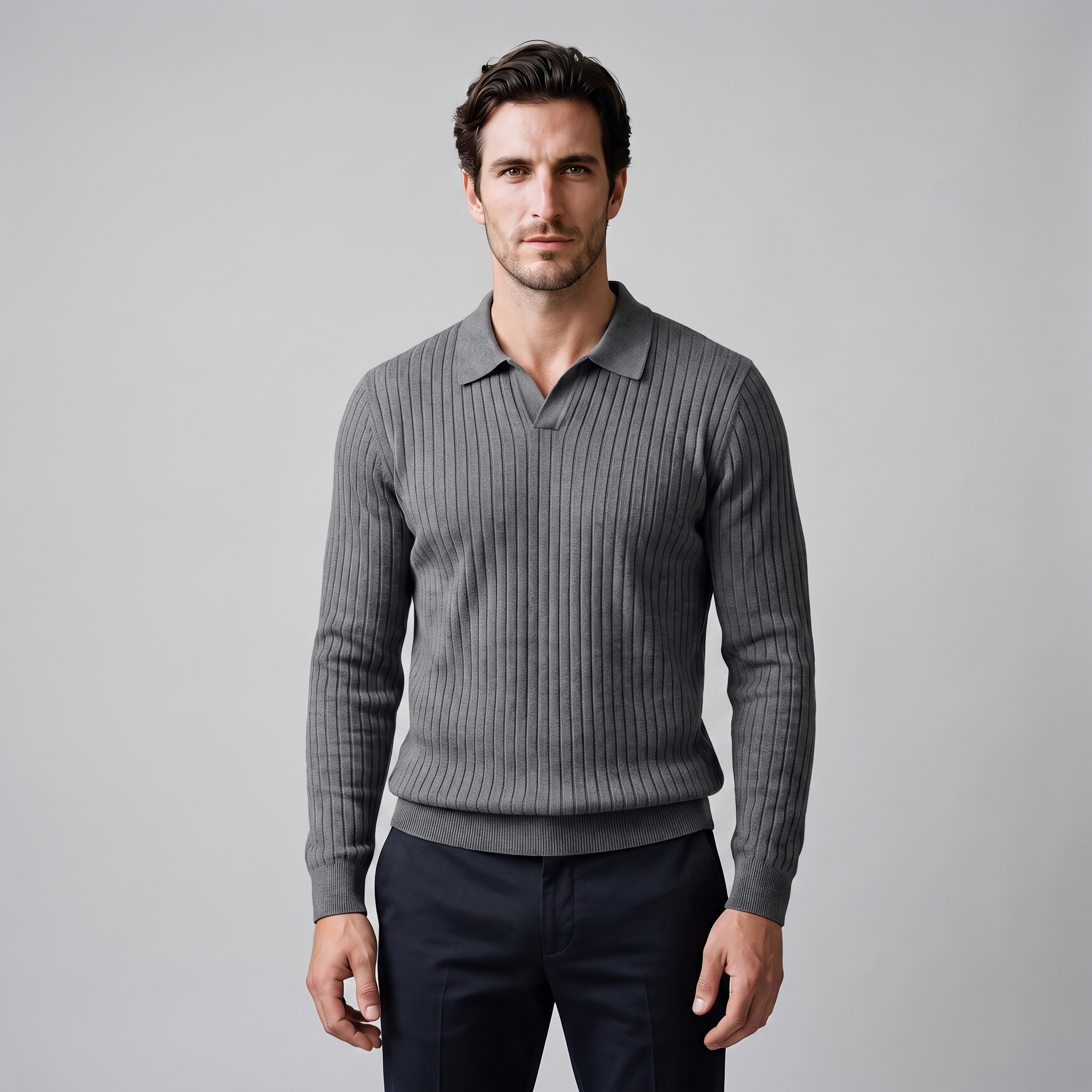 Men's Ribbed Open Collar Polo Sweater