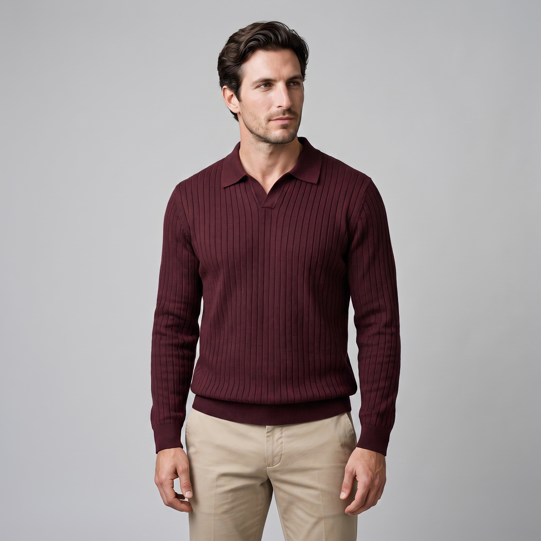 Men's Ribbed Open Collar Polo Sweater