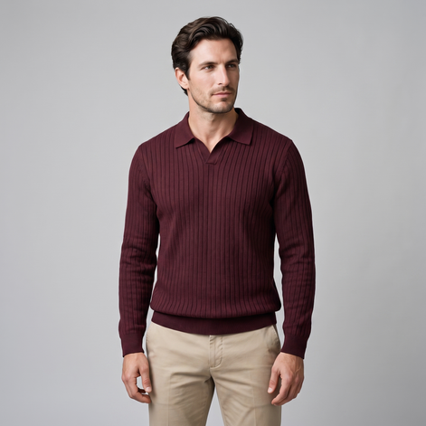 Men's Ribbed Open Collar Polo Sweater