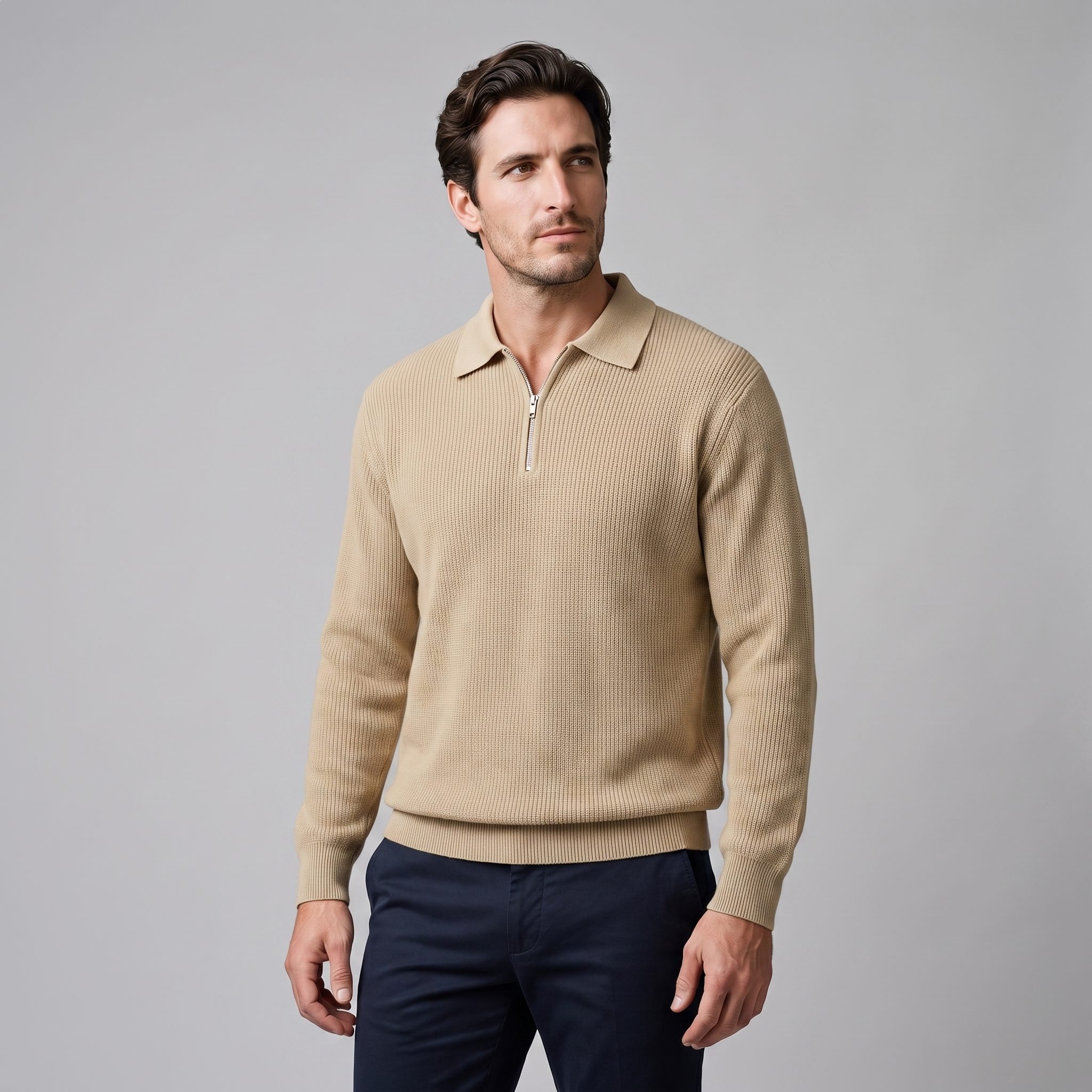 Men's Ribbed Quarter-Zip Polo Sweater