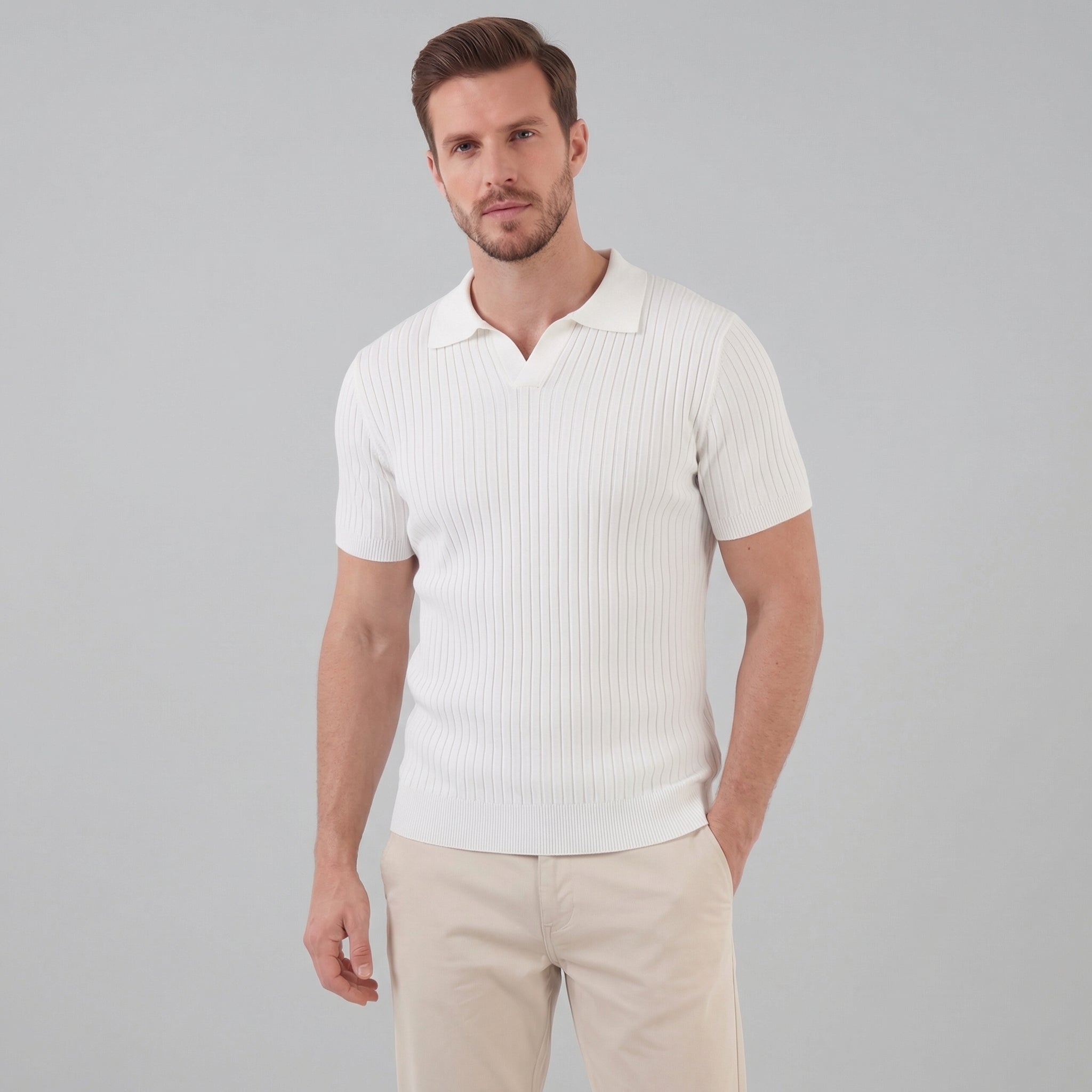Men's Ribbed Short Sleeve V-Neck Polo