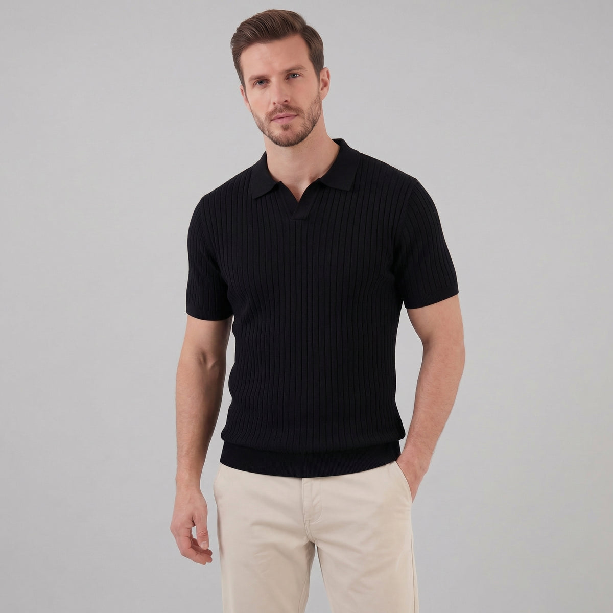 Men's Ribbed Short Sleeve V-Neck Polo
