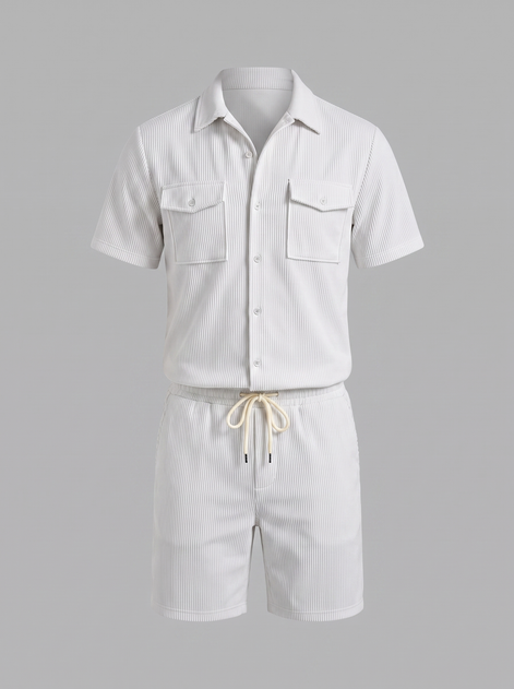 Men's Ribbed Stripe Shirt and Shorts Co-Ord Set