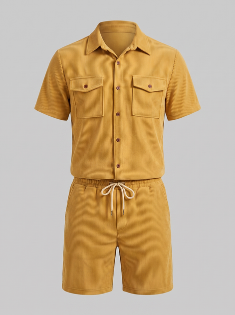 Men's Ribbed Stripe Shirt and Shorts Co-Ord Set