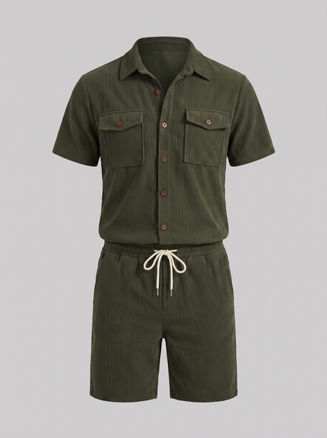 Men's Ribbed Stripe Shirt and Shorts Co-Ord Set