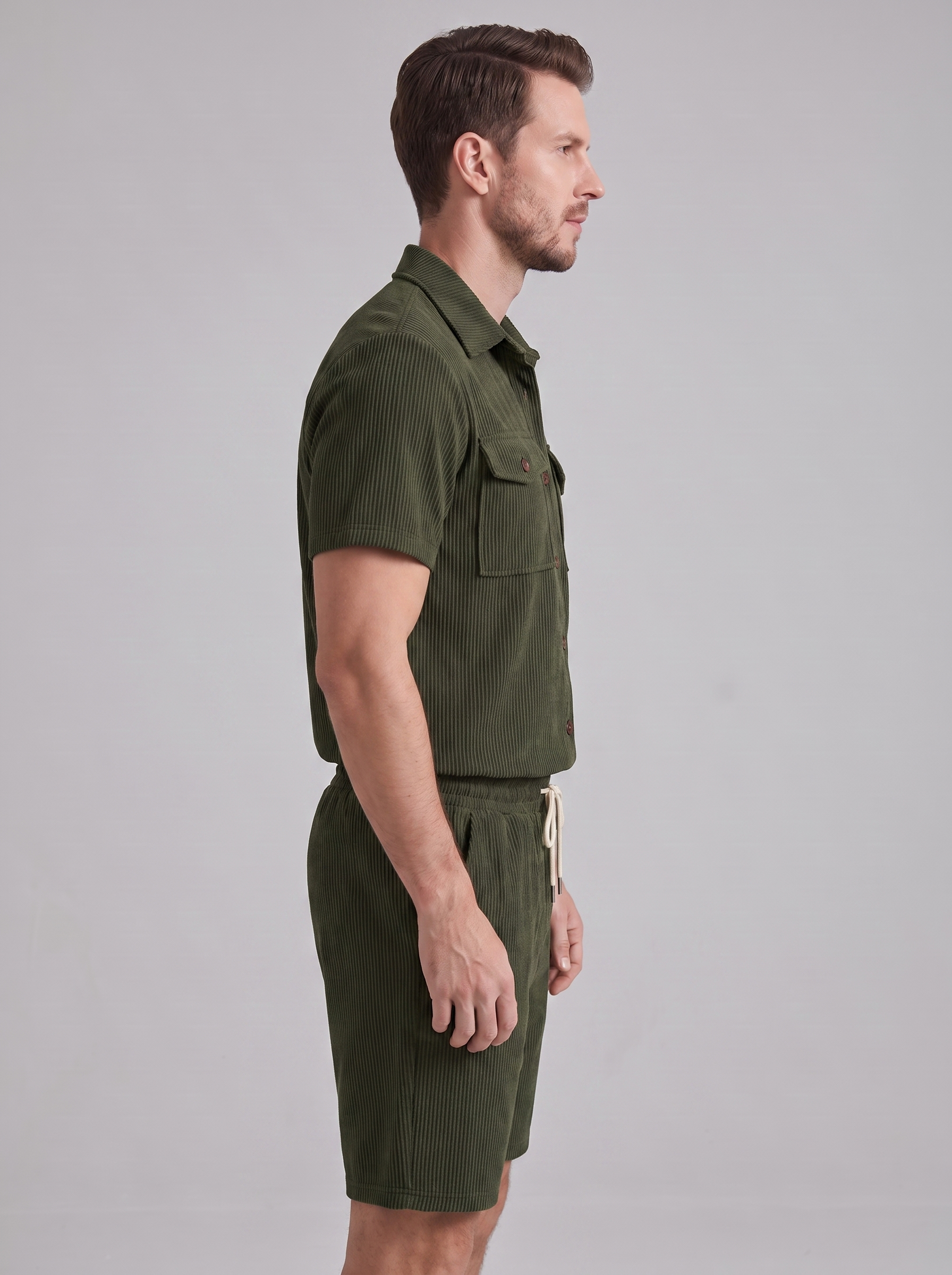 Men's Ribbed Stripe Shirt and Shorts Co-Ord Set