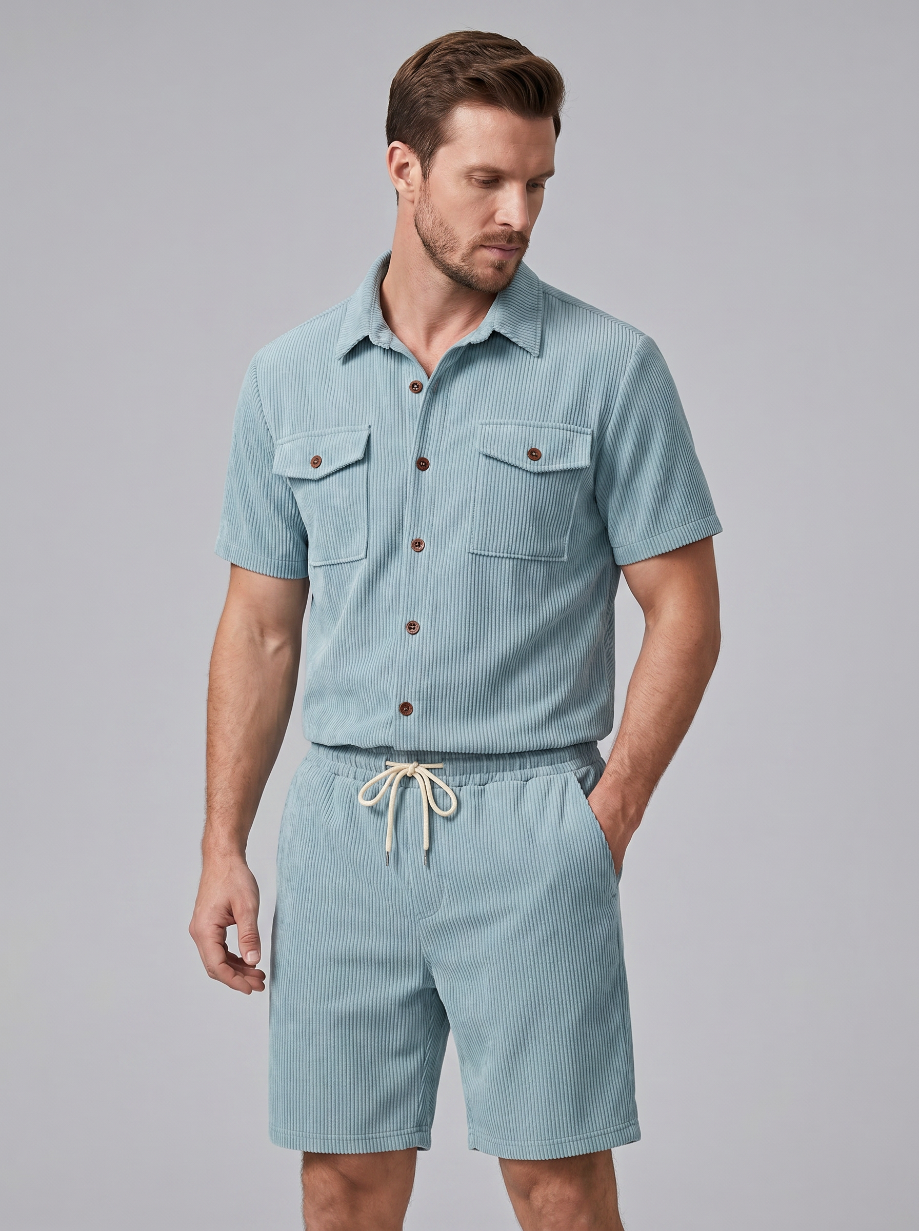 Men's Ribbed Stripe Shirt and Shorts Co-Ord Set