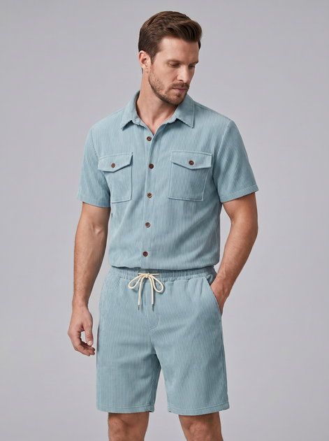 Men's Ribbed Stripe Shirt and Shorts Co-Ord Set