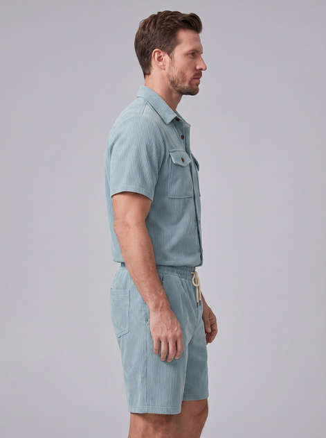 Men's Ribbed Stripe Shirt and Shorts Co-Ord Set