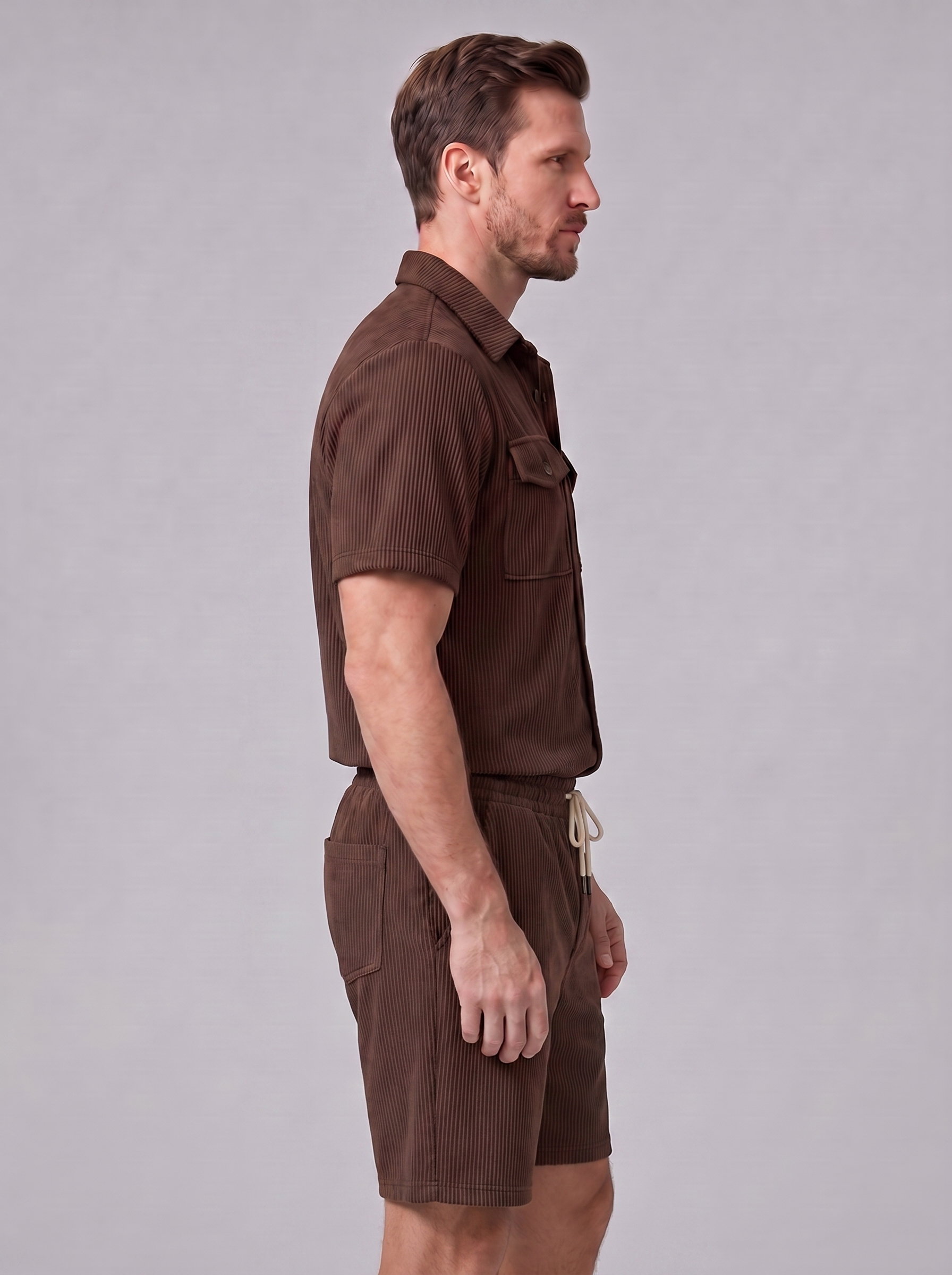 Men's Ribbed Stripe Shirt and Shorts Co-Ord Set