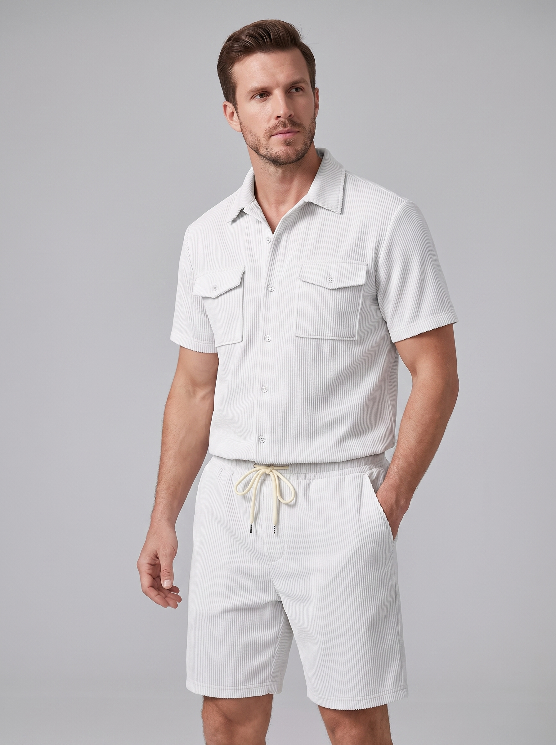 Men's Ribbed Stripe Shirt and Shorts Co-Ord Set