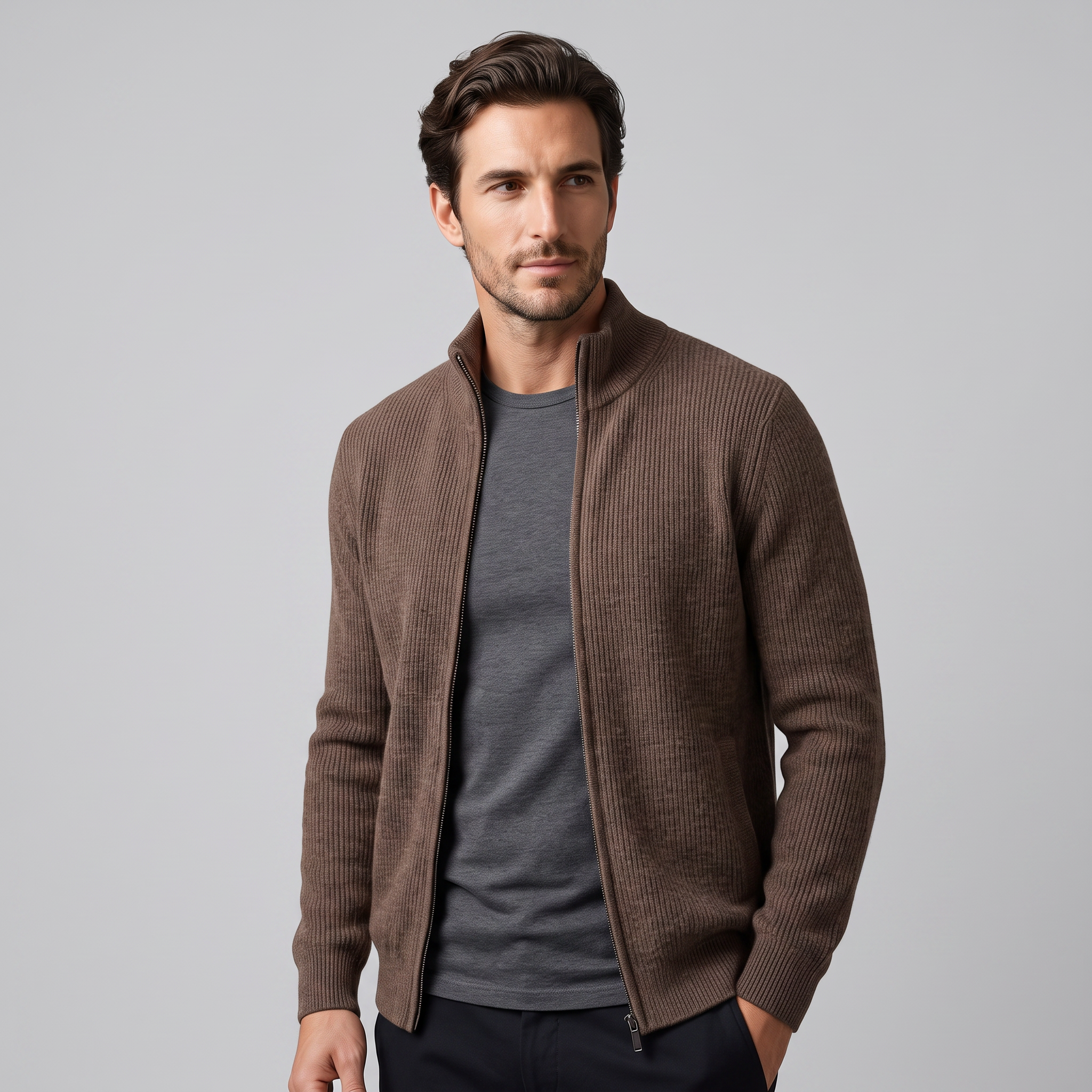 Men's Ribbed Wool Full-Zip Cardigan