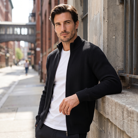 Men's Ribbed Wool Full-Zip Cardigan