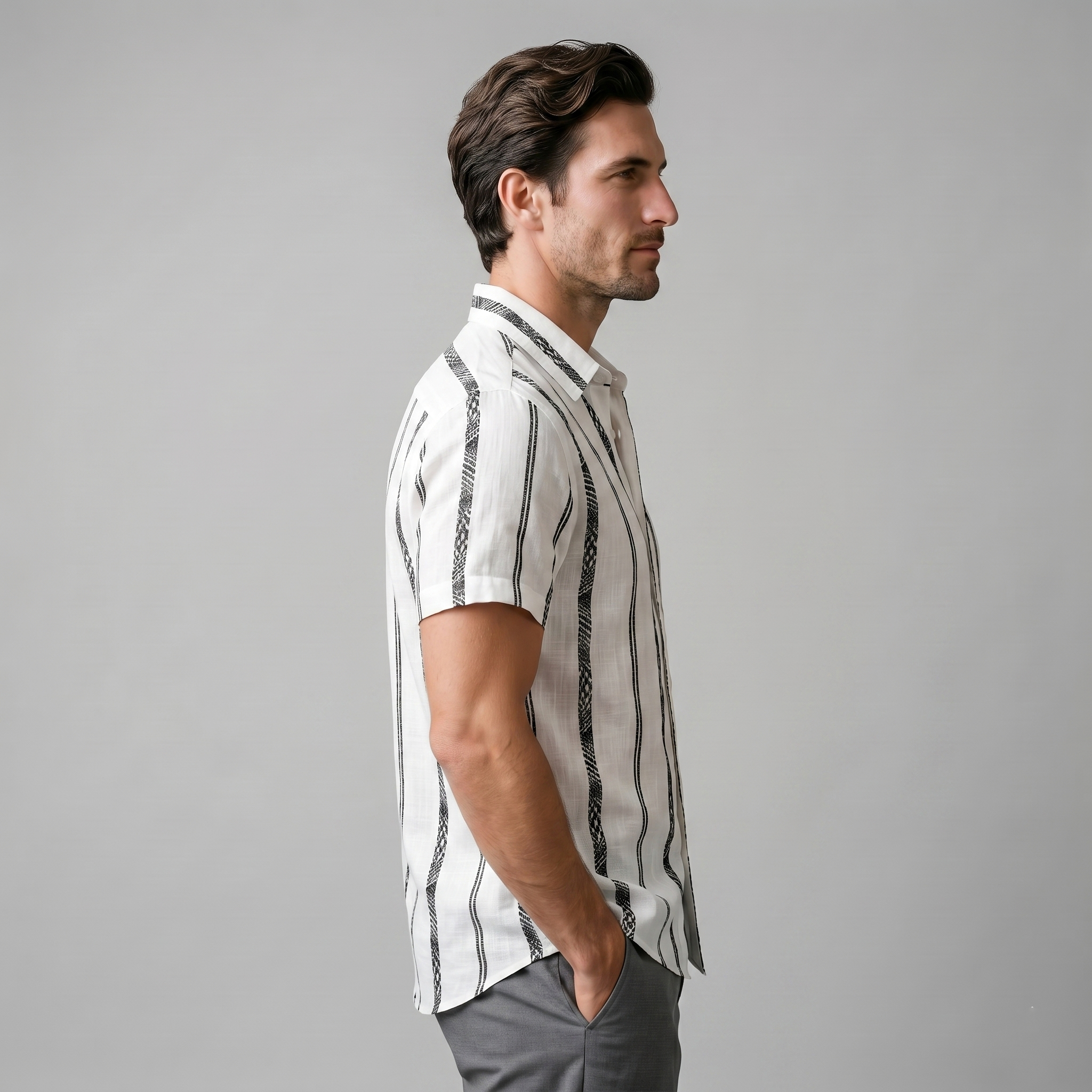 Men's Short Sleeve Button-Up Shirt with Textured Stripes