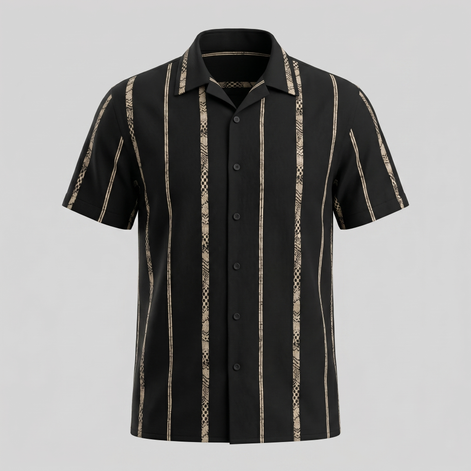 Men's Short Sleeve Button-Up Shirt with Textured Stripes