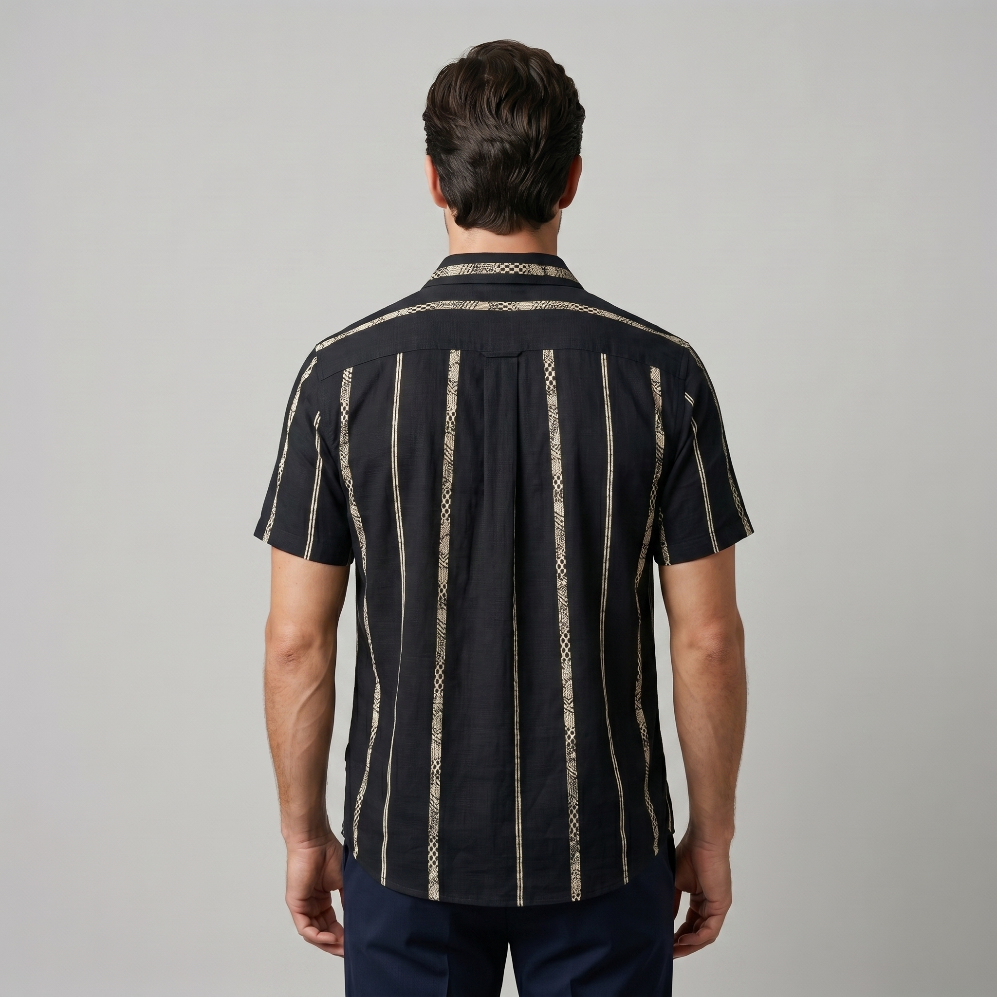 Men's Short Sleeve Button-Up Shirt with Textured Stripes