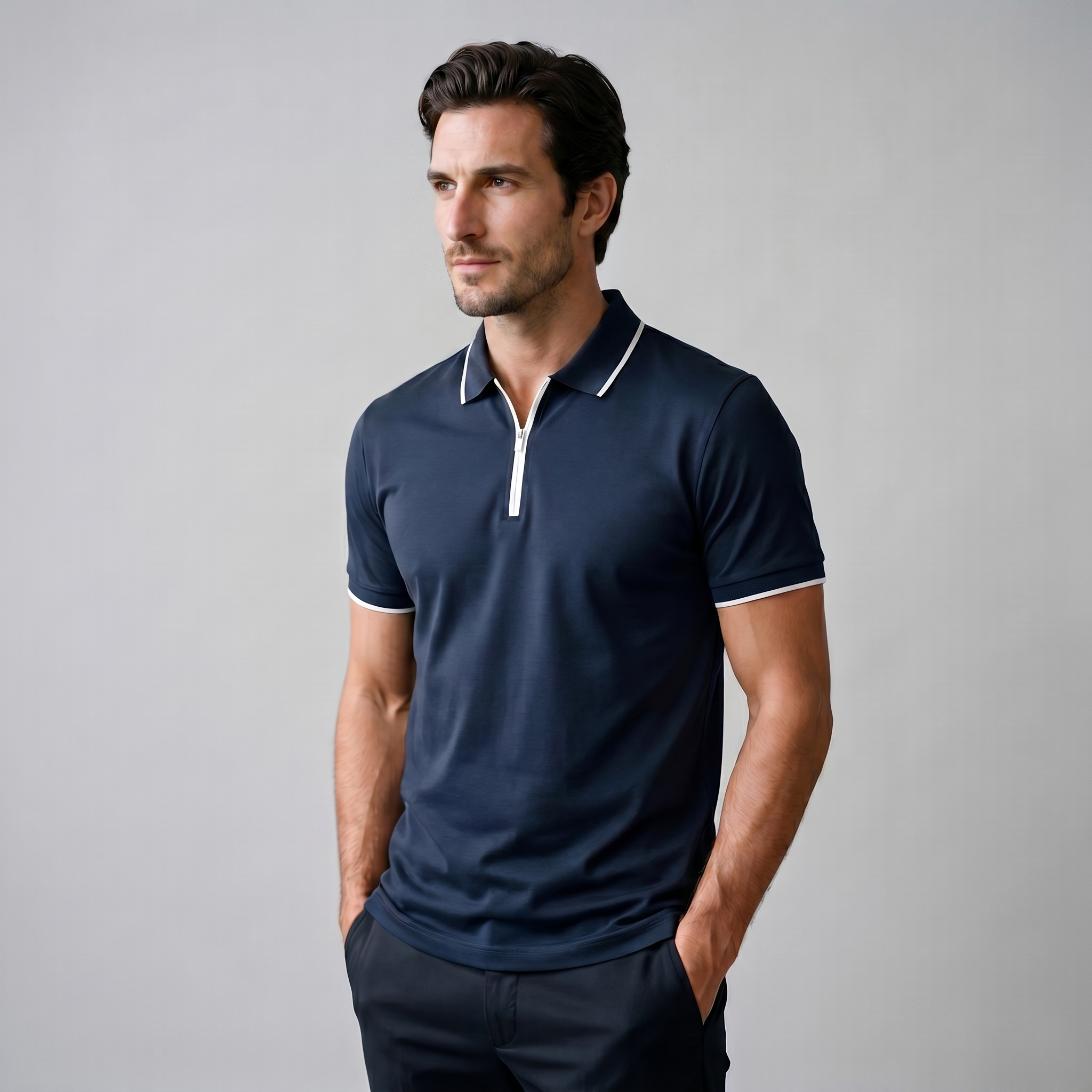 Men's Short Sleeve Polo Shirt with Zip Placket