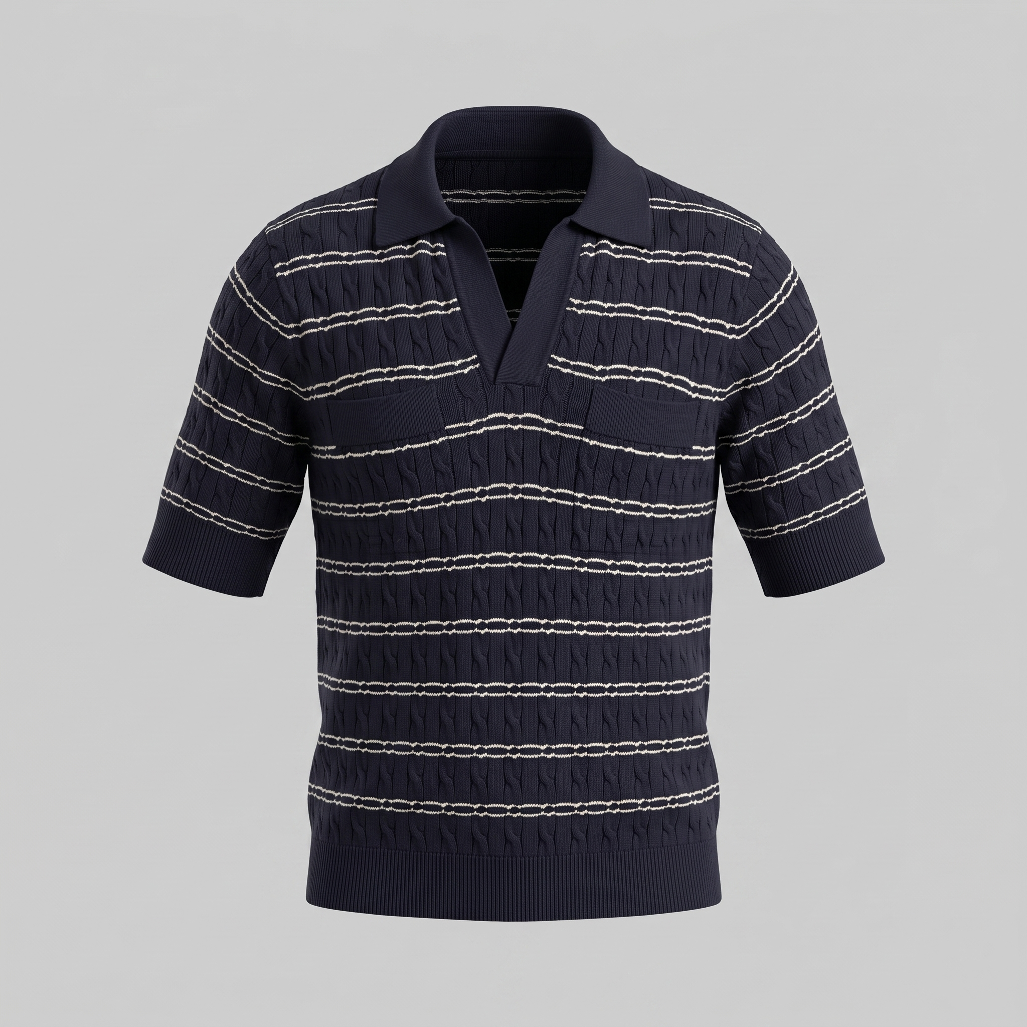 Men's Striped Cable Knit Open Collar Polo