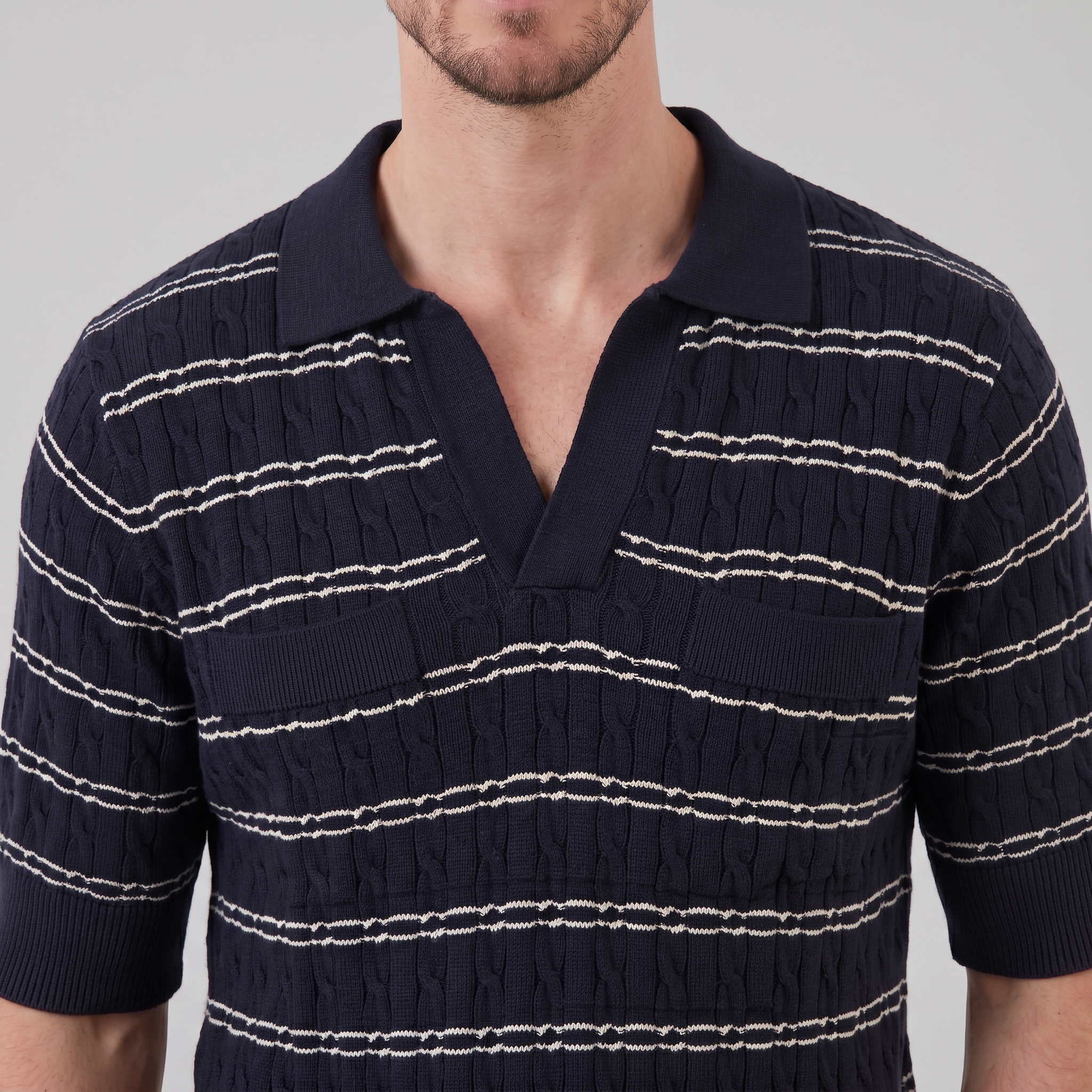 Men's Striped Cable Knit Open Collar Polo