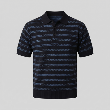 Men's Striped Crochet Knit Polo Shirt