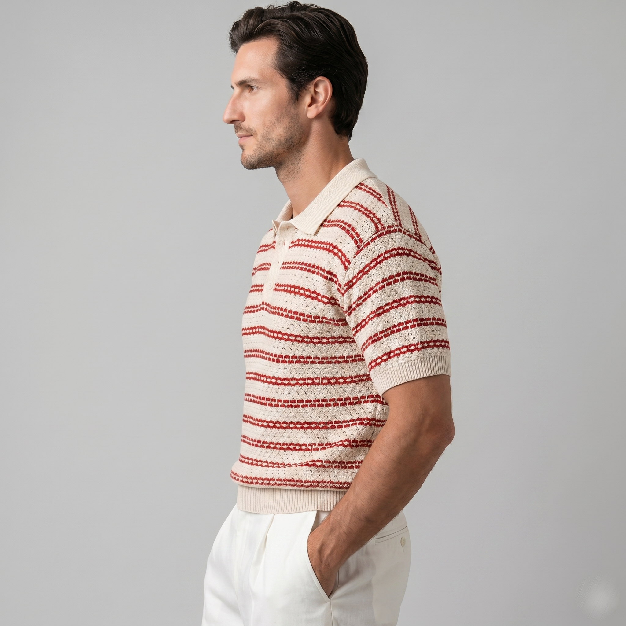 Men's Striped Crochet Knit Polo Shirt