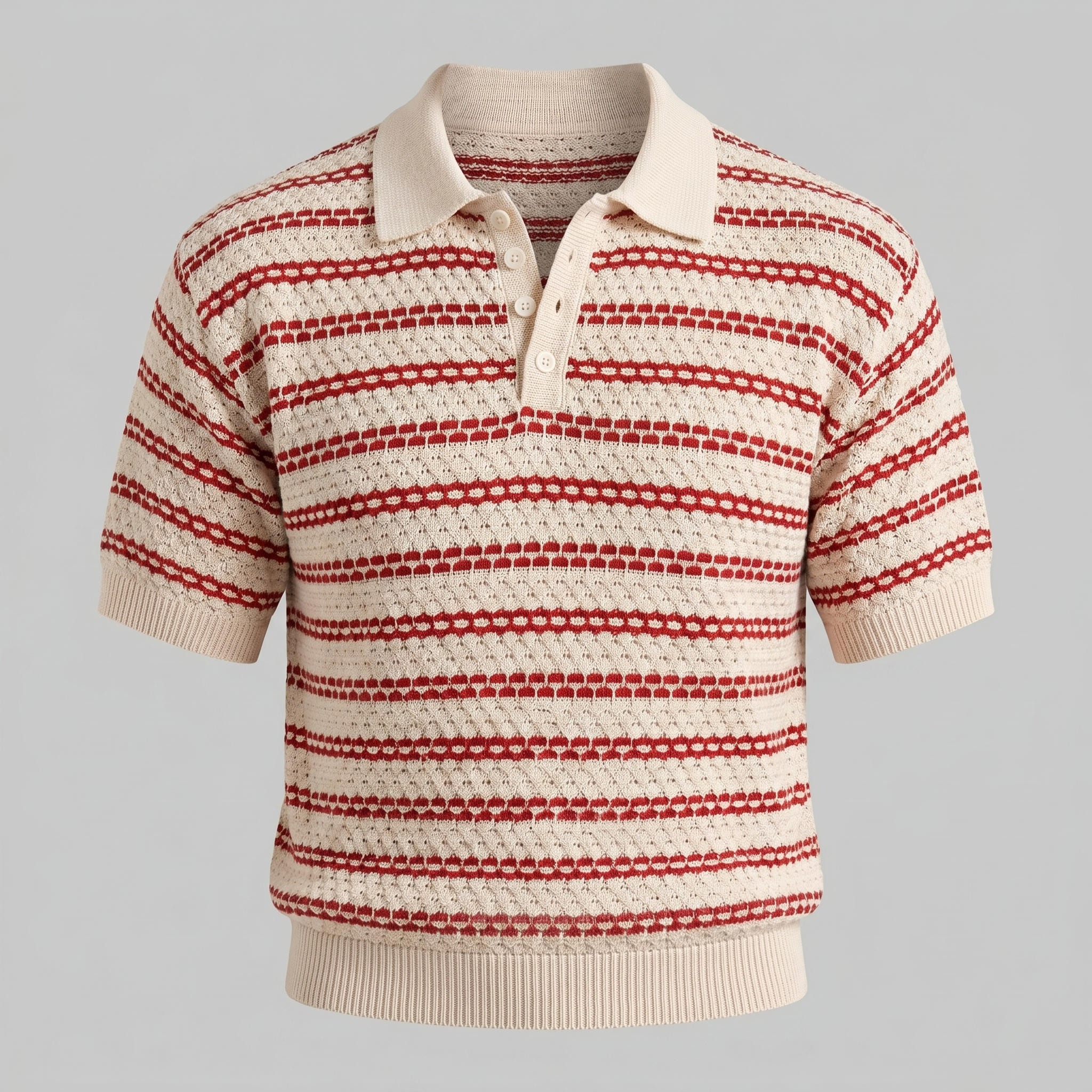 Men's Striped Crochet Knit Polo Shirt