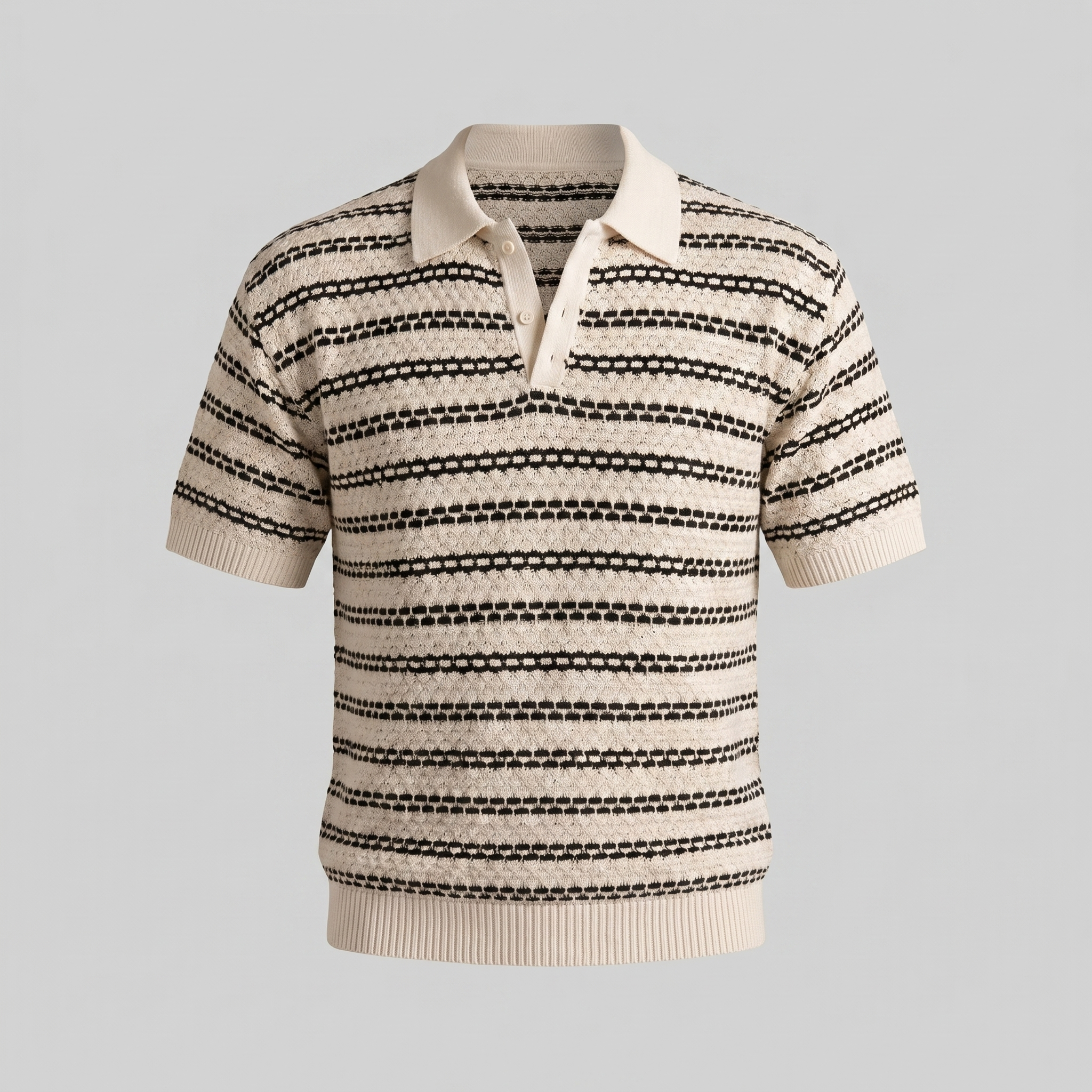 Men's Striped Crochet Knit Polo Shirt