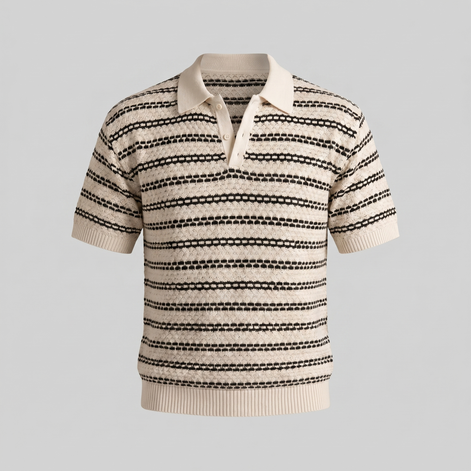 Men's Striped Crochet Knit Polo Shirt