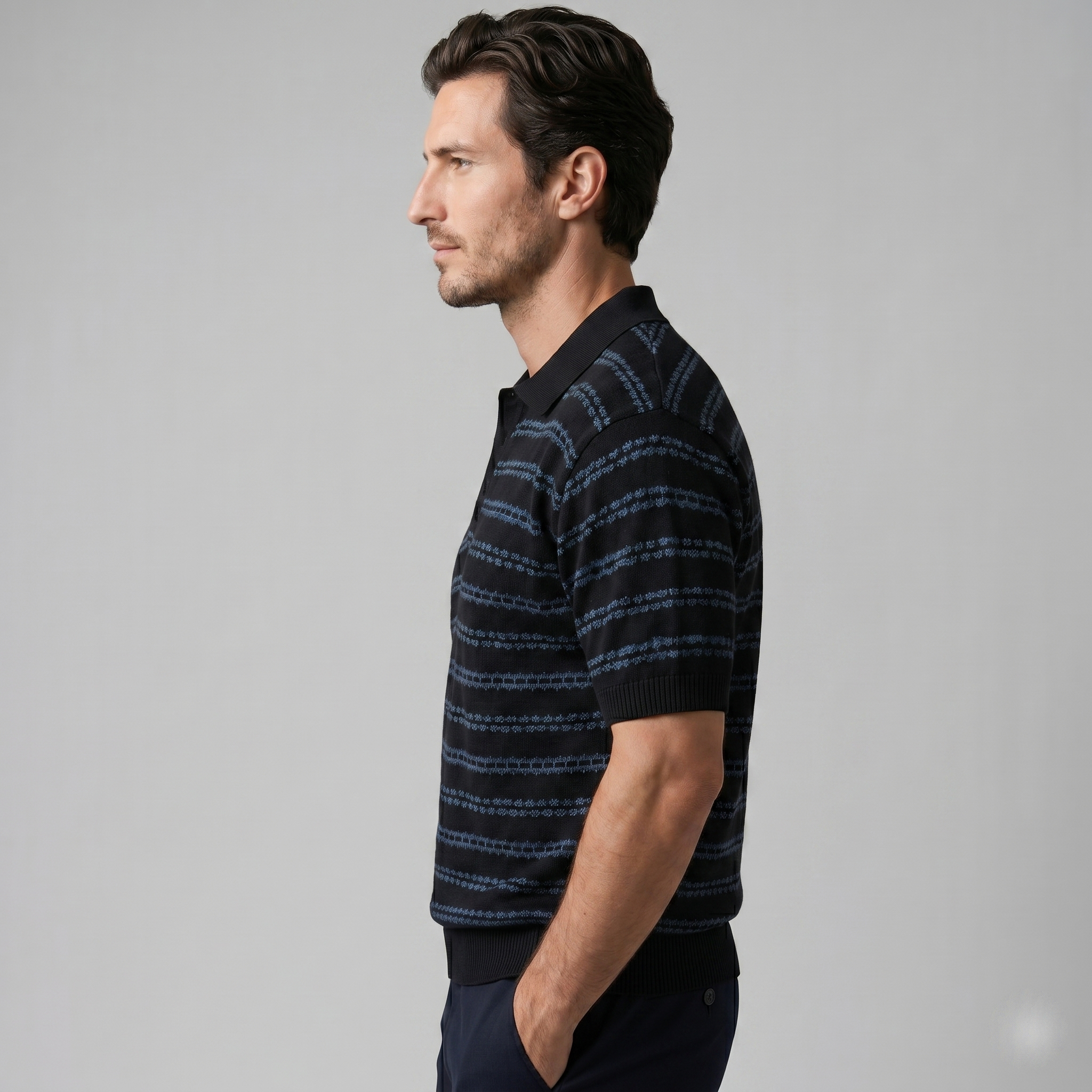 Men's Striped Crochet Knit Polo Shirt