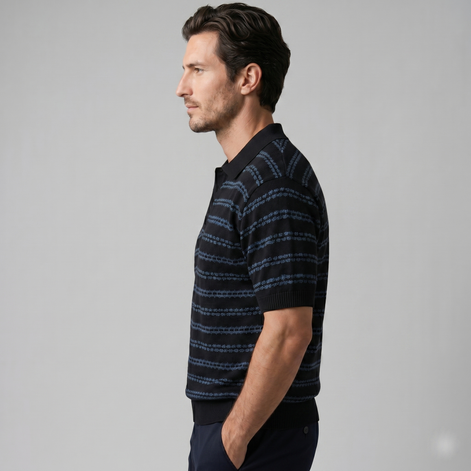 Men's Striped Crochet Knit Polo Shirt