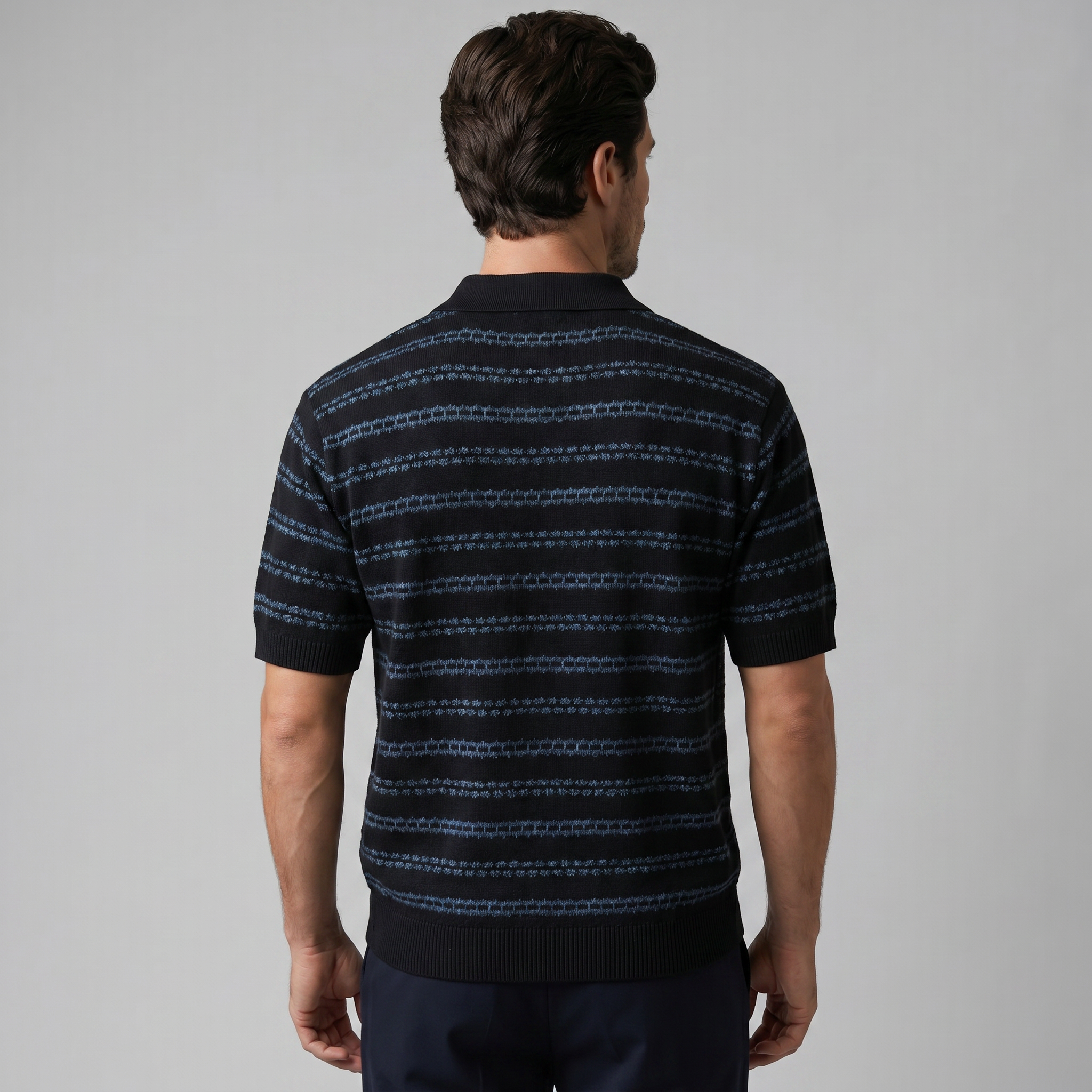 Men's Striped Crochet Knit Polo Shirt