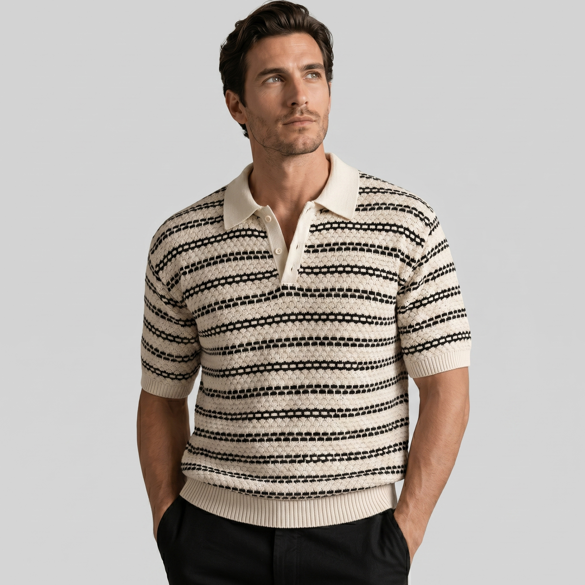 Men's Striped Crochet Knit Polo Shirt