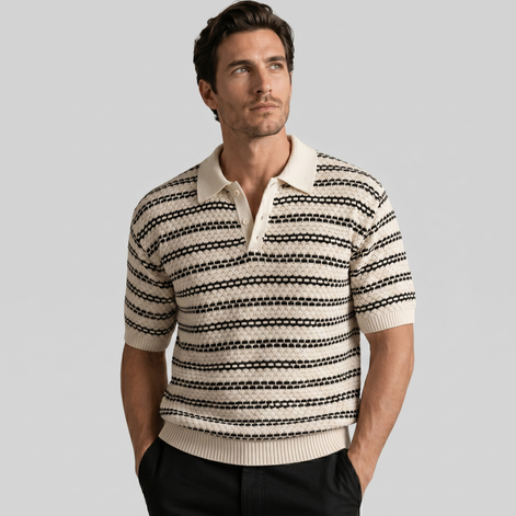 Men's Striped Crochet Knit Polo Shirt
