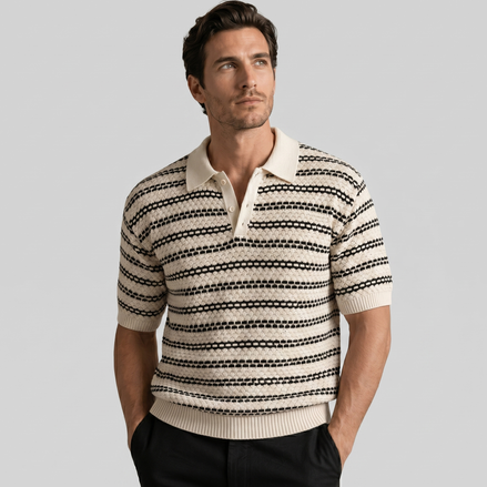 Men's Striped Crochet Knit Polo Shirt