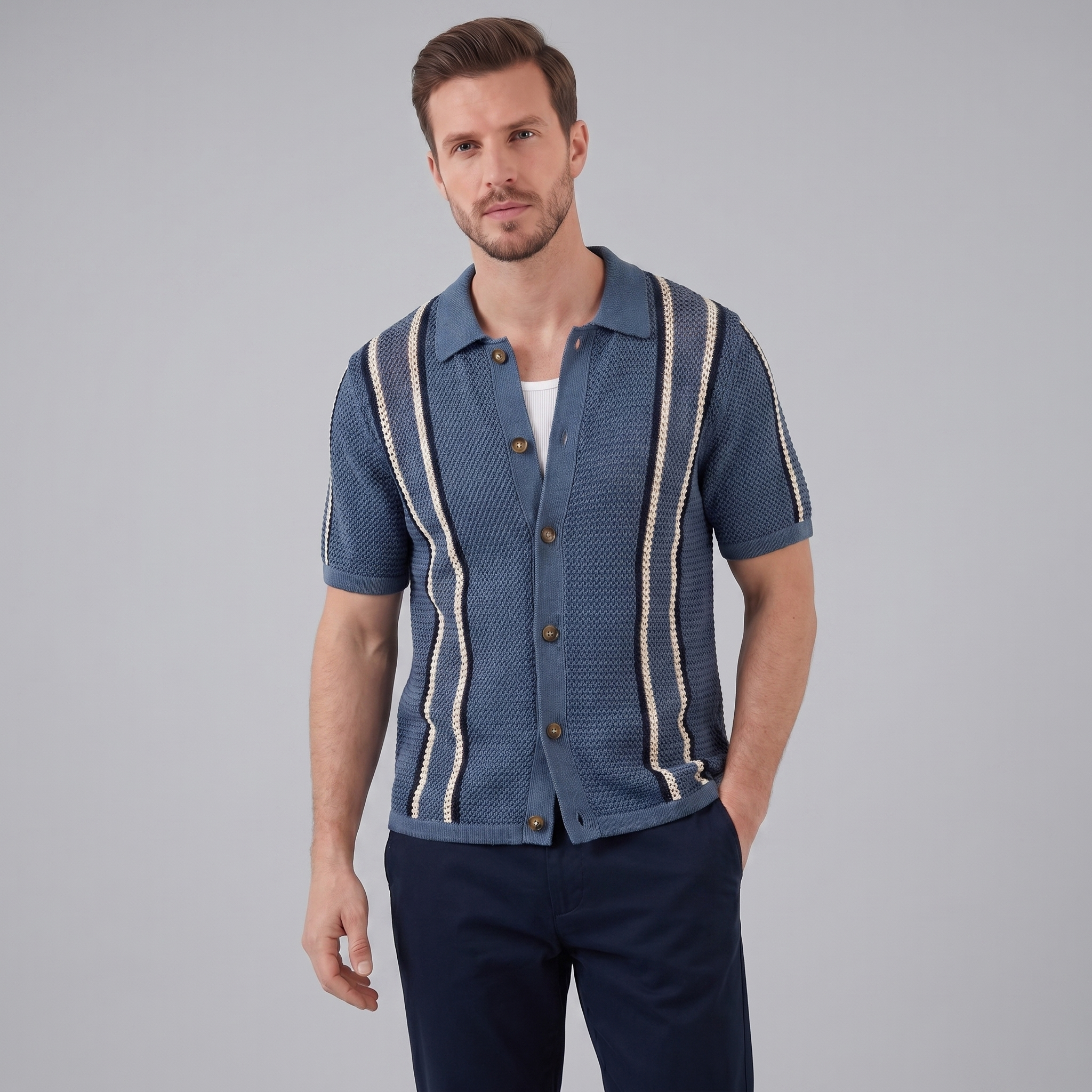 Men's Striped Crochet Knit Shirt