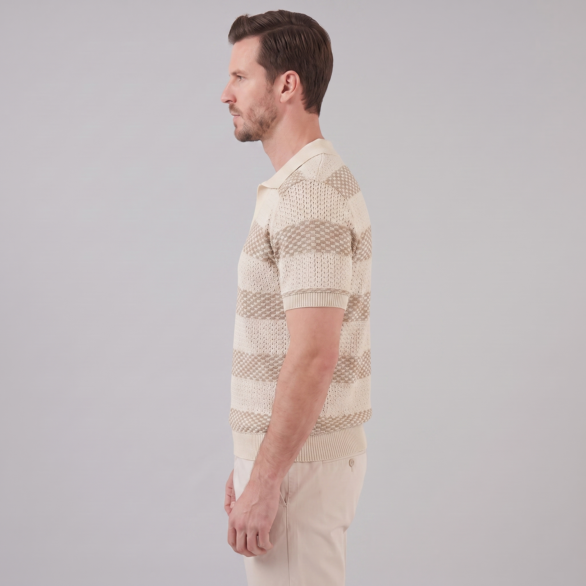 Men’s Textured Crochet Knit Polo Shirt