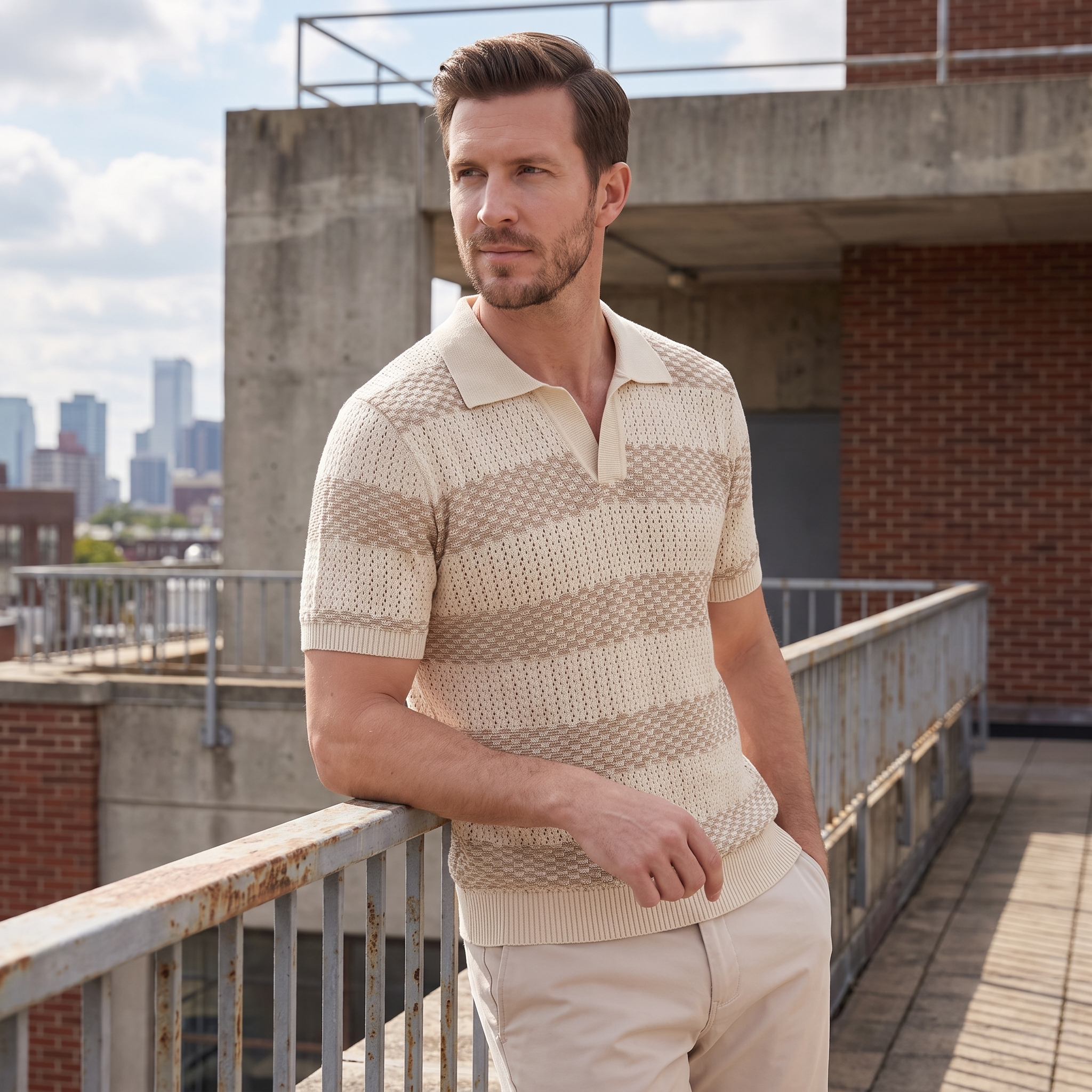 Men’s Textured Crochet Knit Polo Shirt