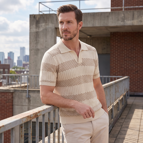 Men’s Textured Crochet Knit Polo Shirt