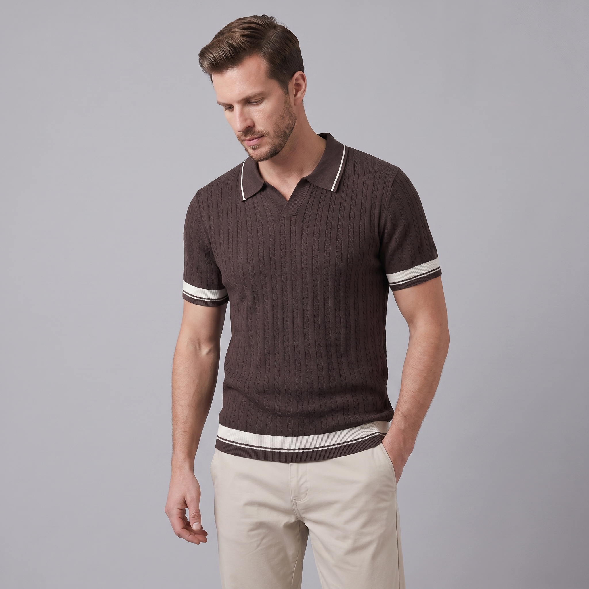 Men's Textured Knit Contrast Trim Polo Shirt