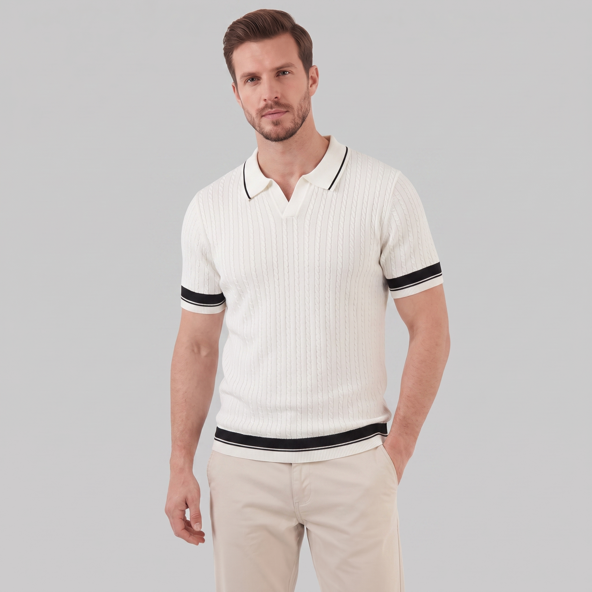 Men's Textured Knit Contrast Trim Polo Shirt