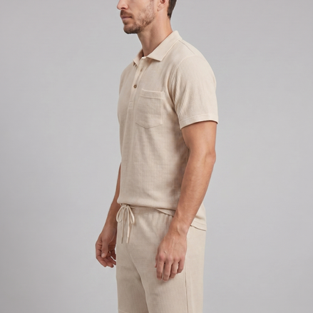 Men's Textured Knit Two Piece Set with Polo and Shorts