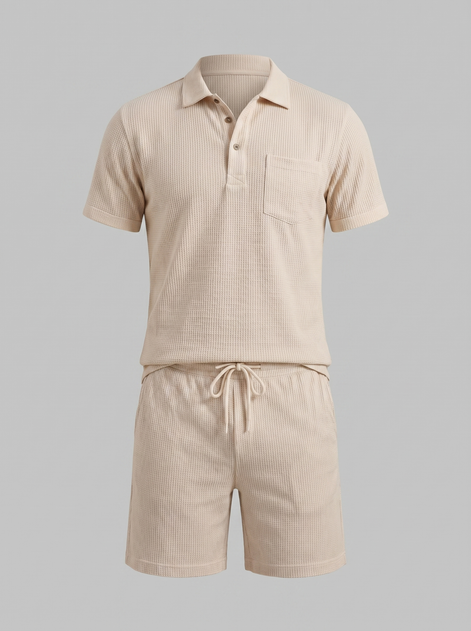 Men's Textured Knit Two Piece Set with Polo and Shorts