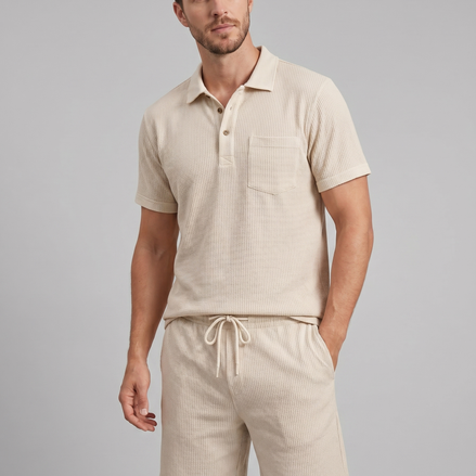 Men's Textured Knit Two Piece Set with Polo and Shorts