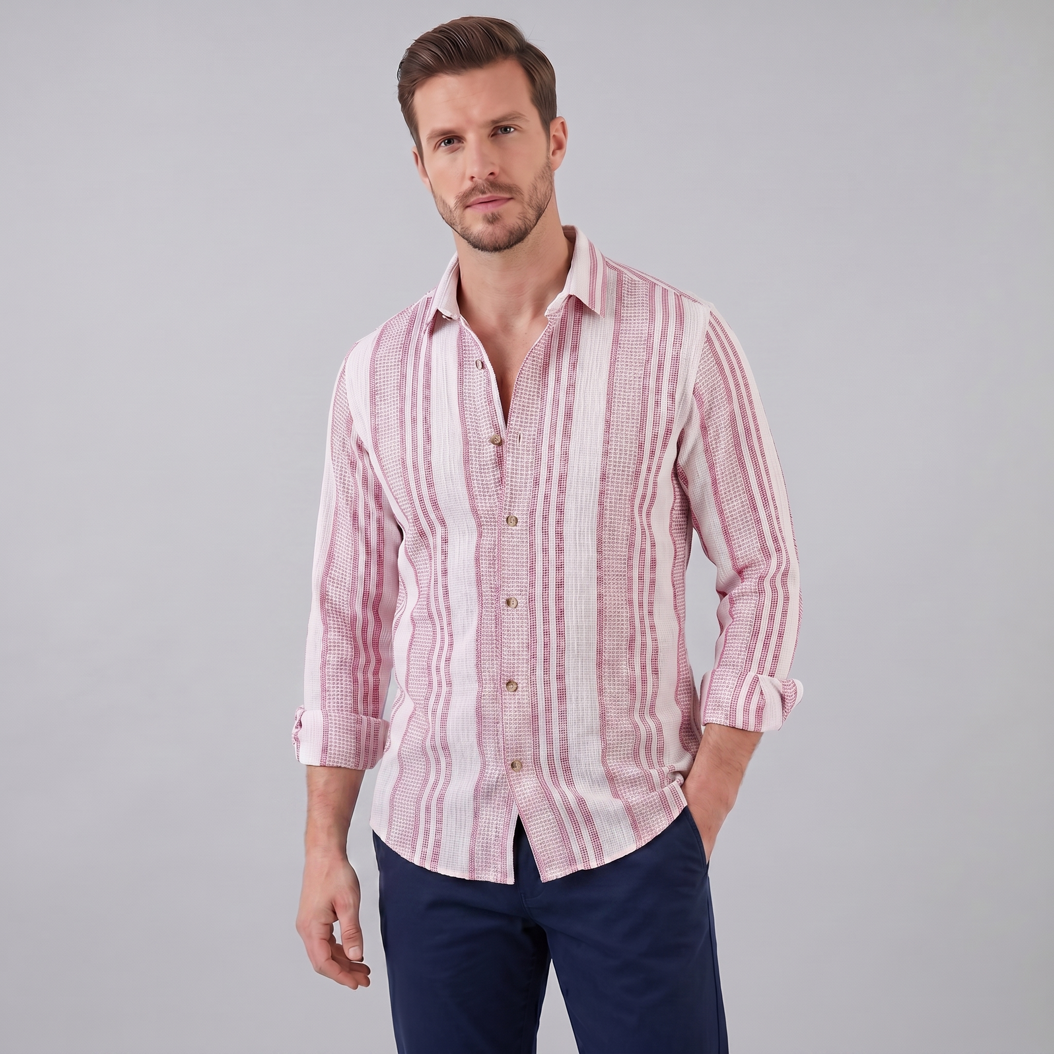 Men's Casual Textured Stripe Button-Up Shirt