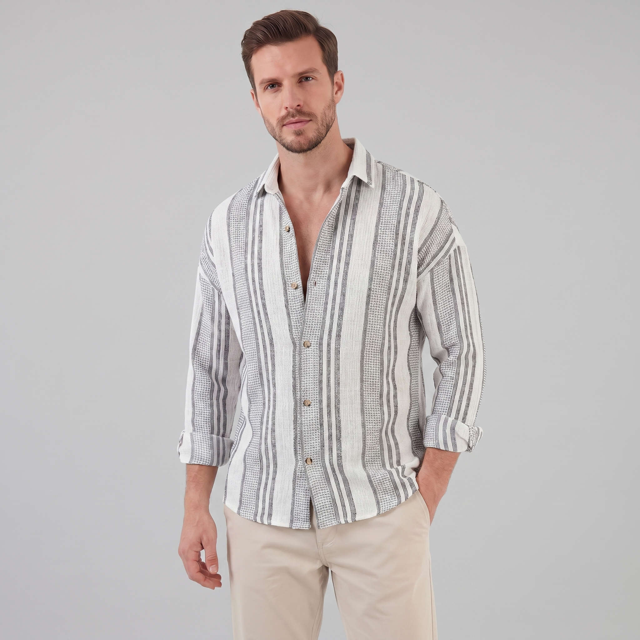 Men's Casual Textured Stripe Button-Up Shirt