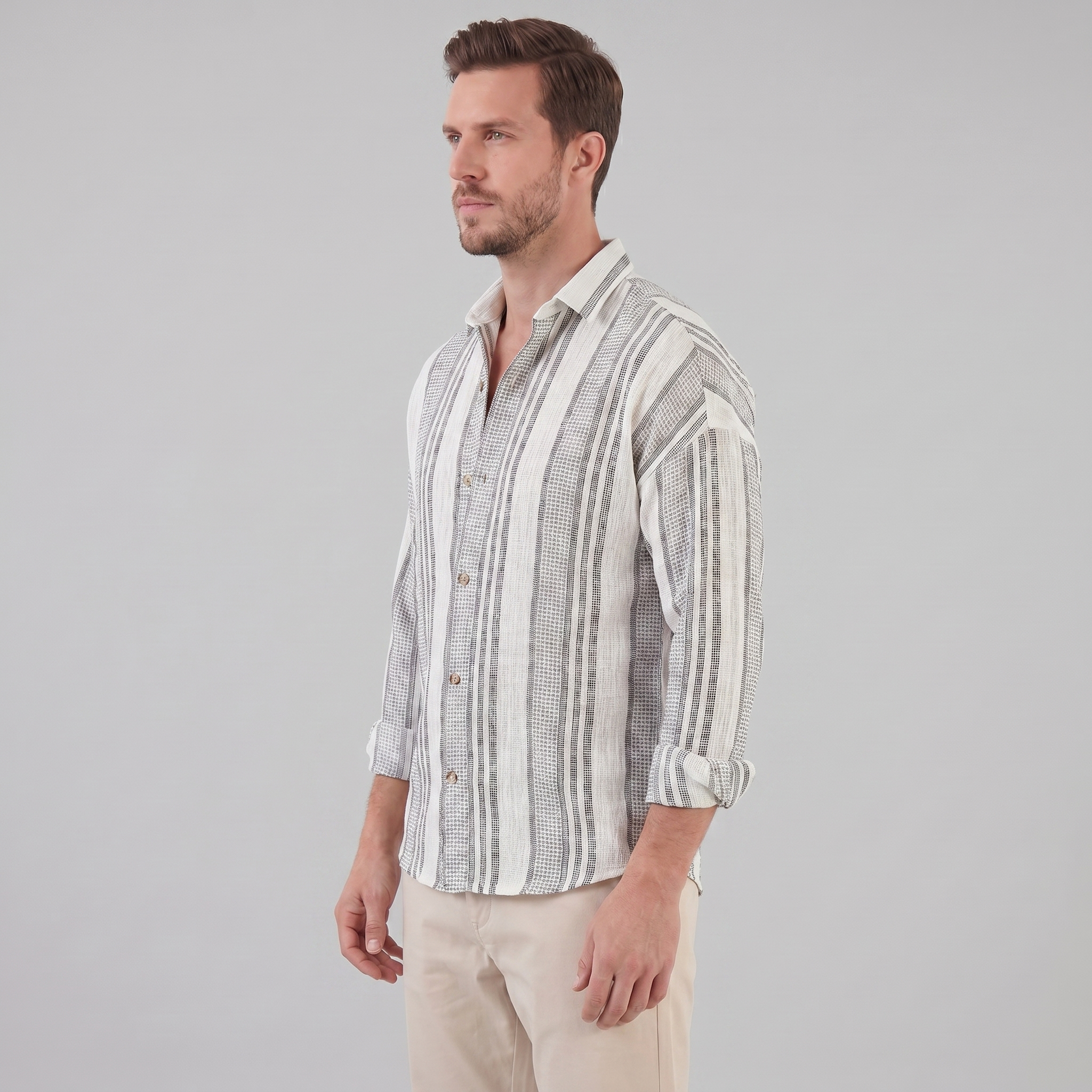Men's Casual Textured Stripe Button-Up Shirt