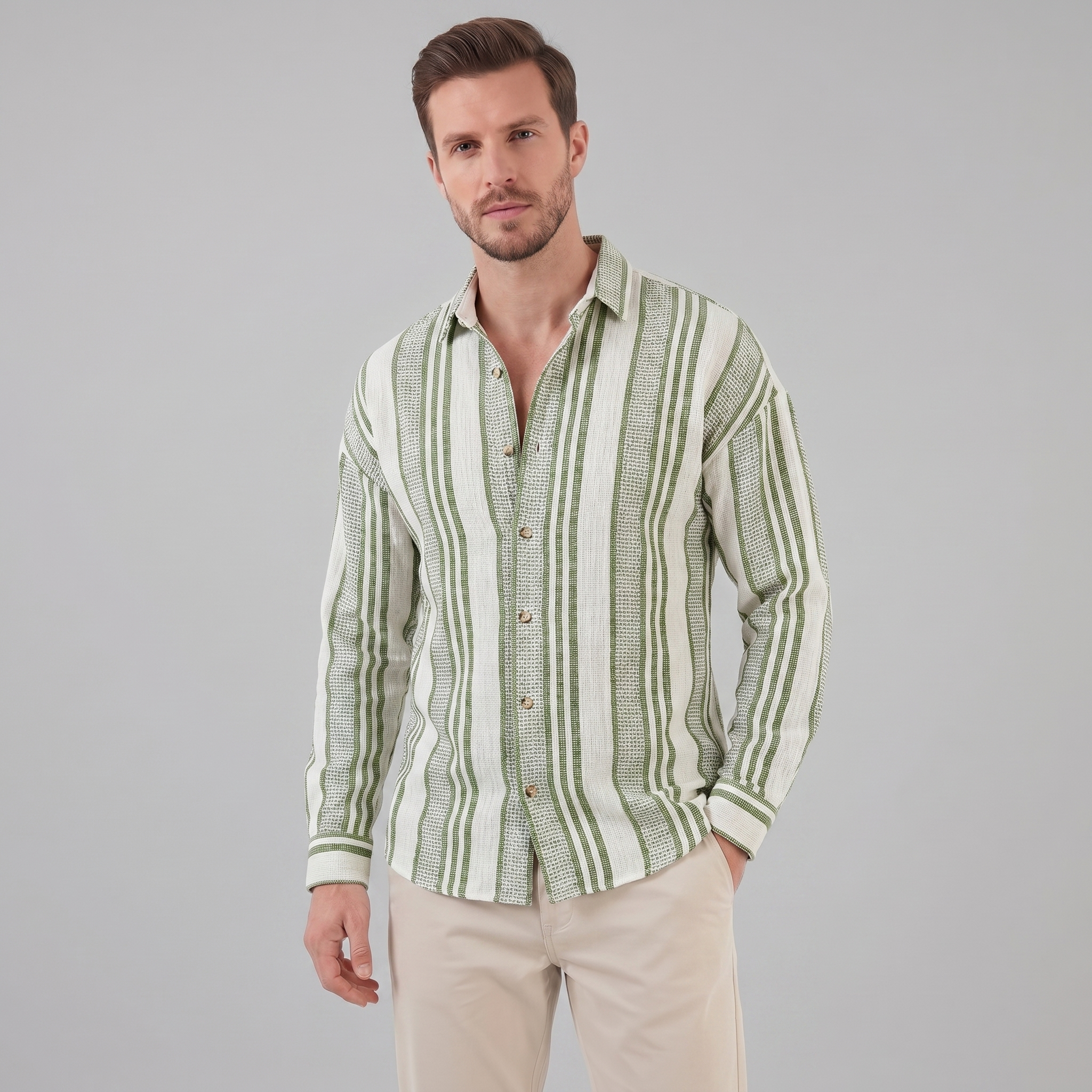 Men's Casual Textured Stripe Button-Up Shirt
