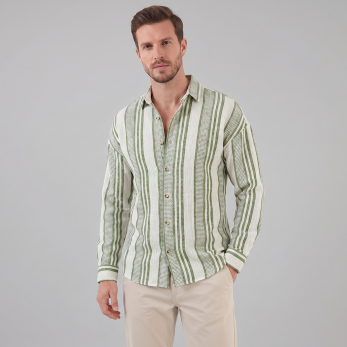 Men's Casual Textured Stripe Button-Up Shirt