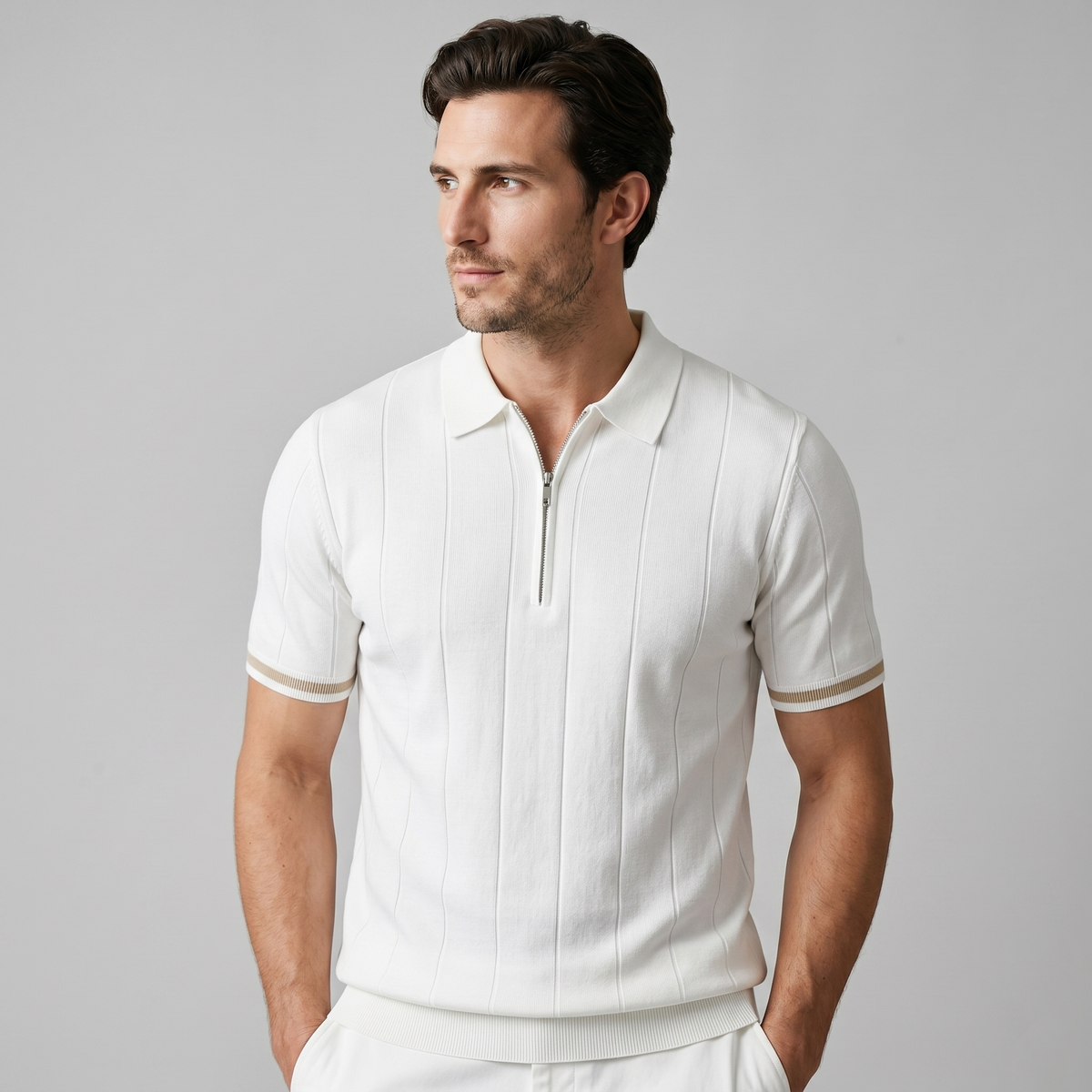 Men's Vertical Stripe Zip-Neck Polo