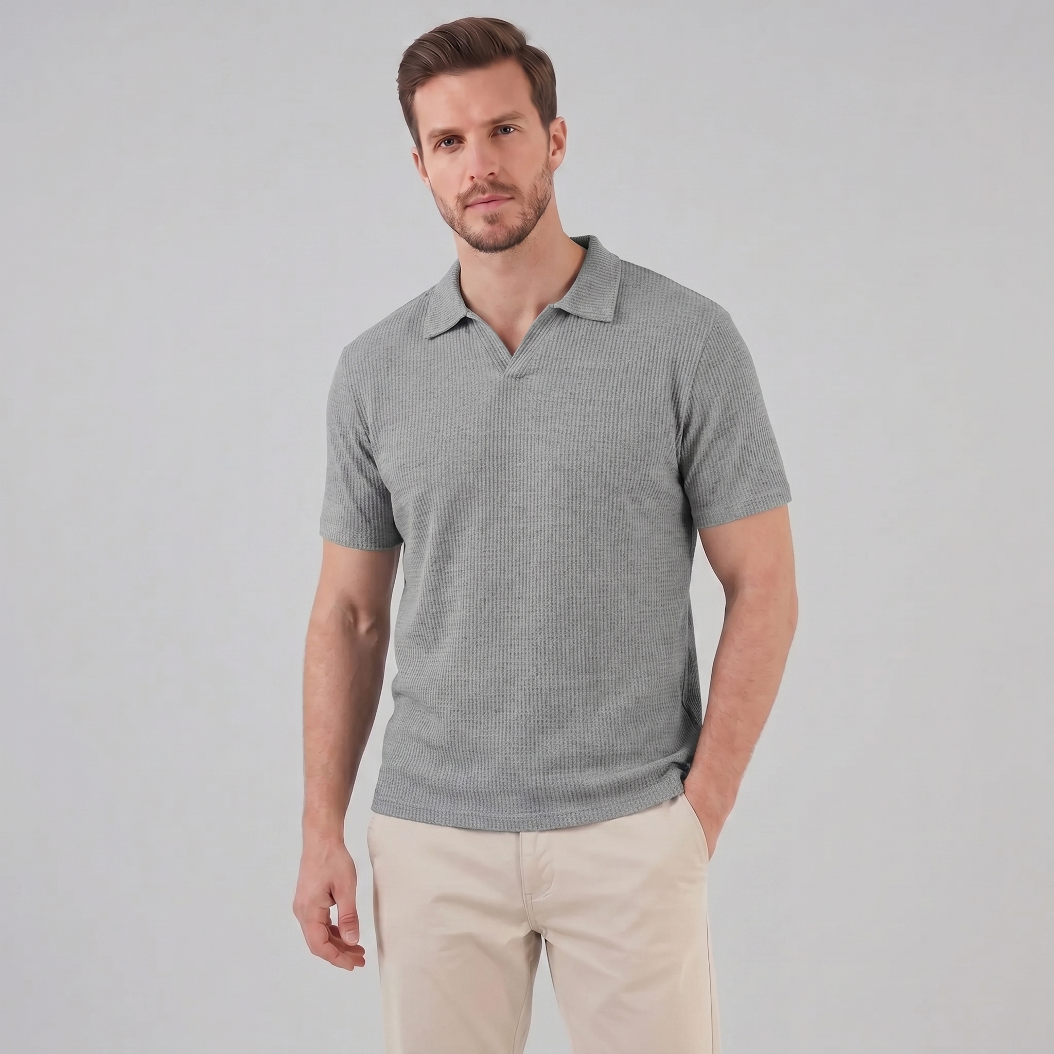 Men's Waffle Knit Open Collar Polo